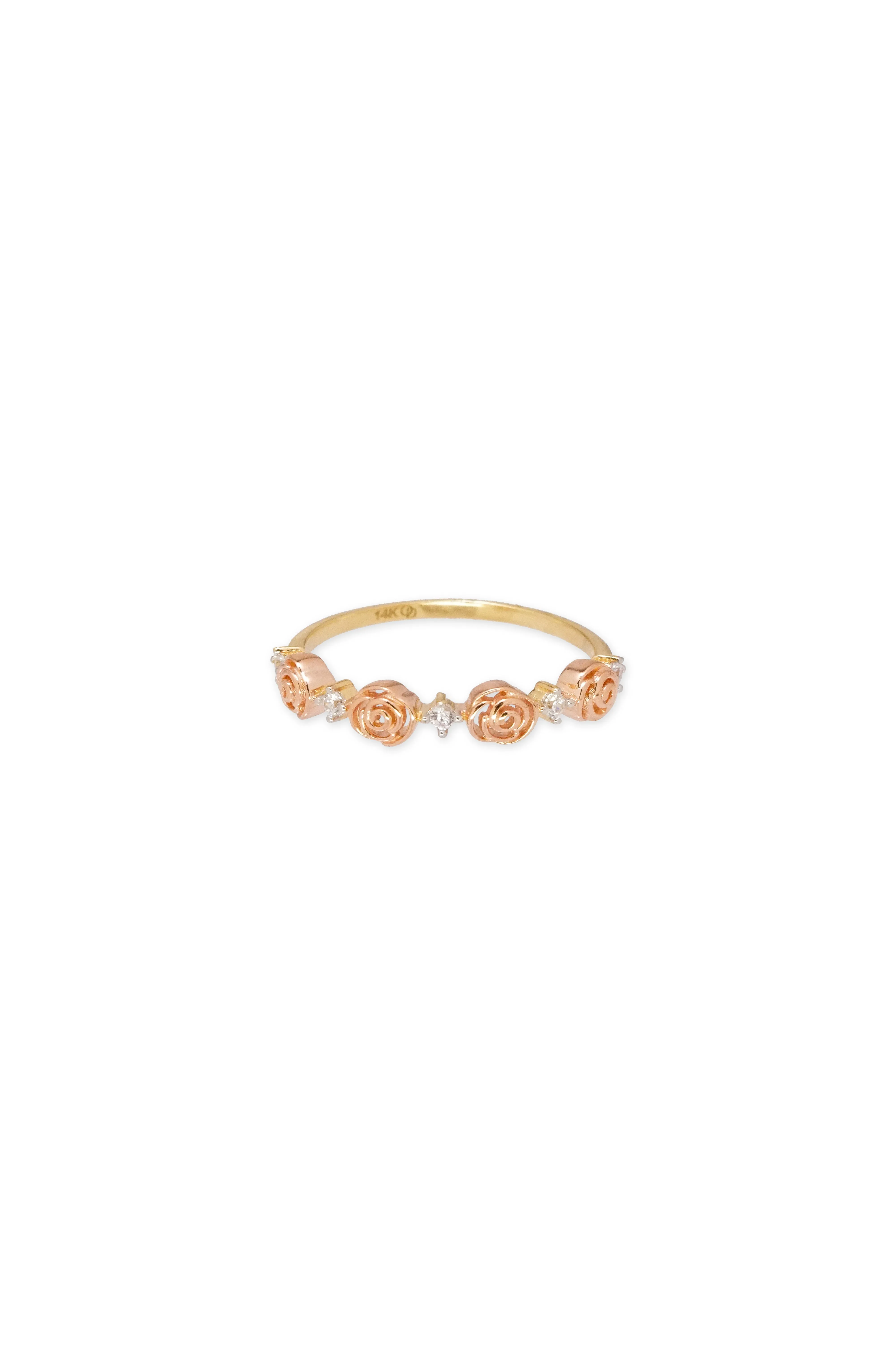 14K Solid Yellow Gold Rose Stone Link Ring