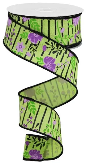 1.5"x10yd Floral Lines On Royal Burlap, Bright Green/Lavender/Black  MA94