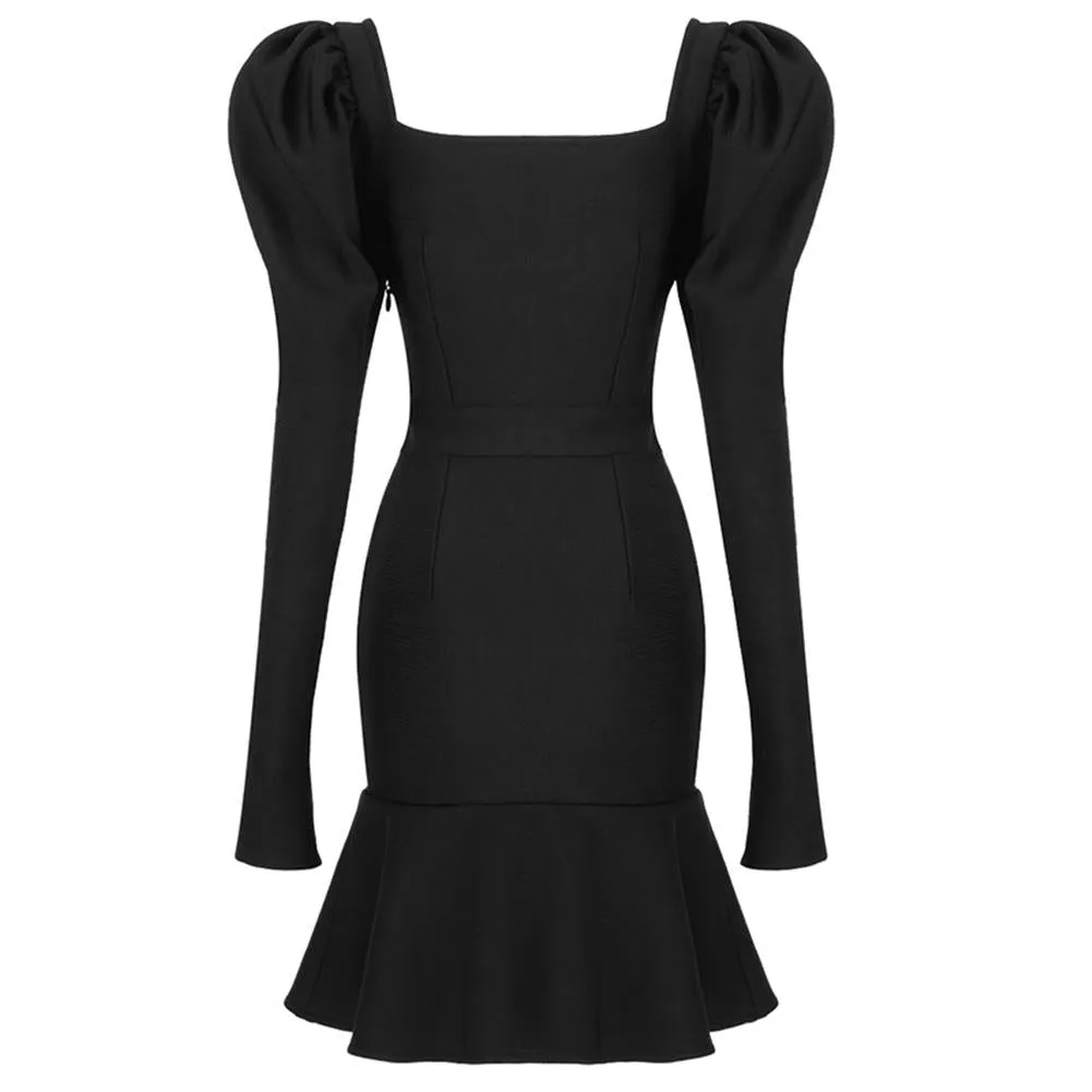 ADY Square Collar Long Sleeve Frill Mini Bandage Dress