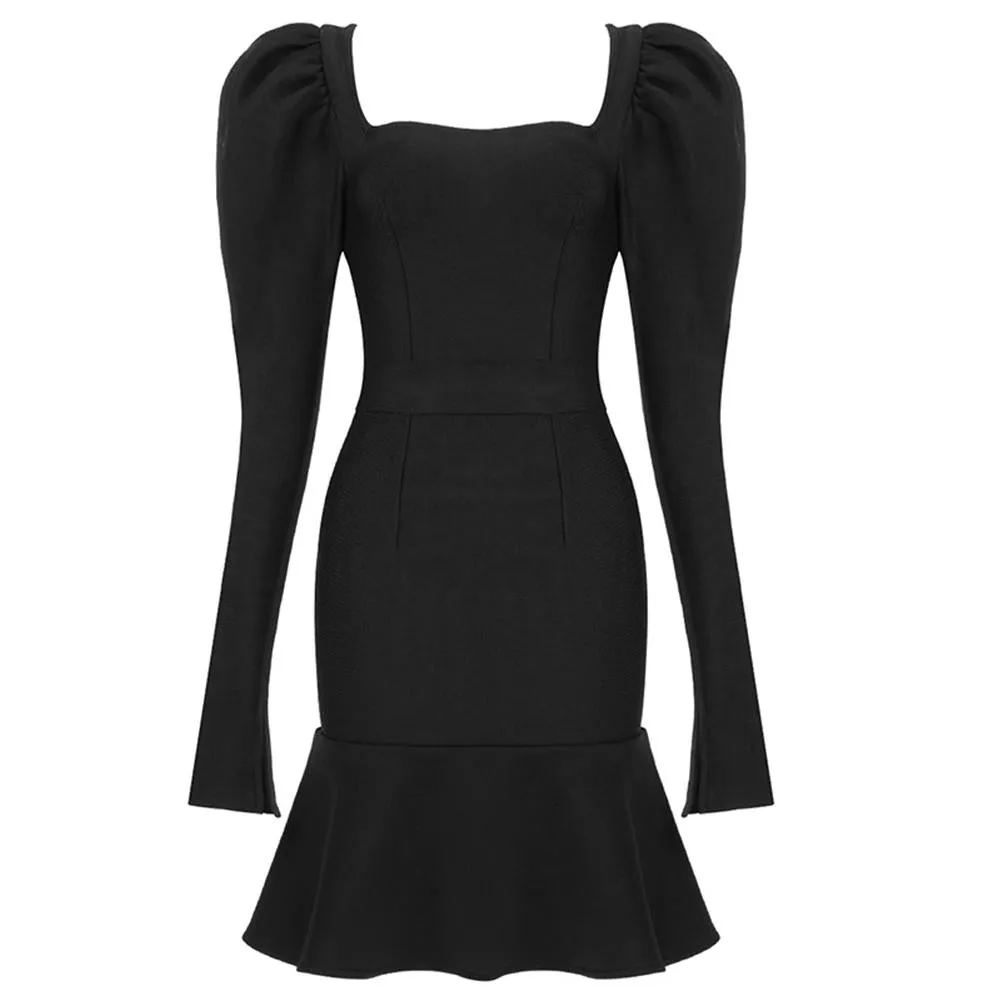 ADY Square Collar Long Sleeve Frill Mini Bandage Dress