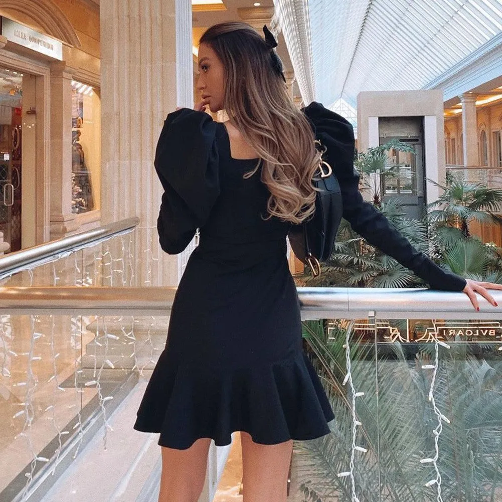 ADY Square Collar Long Sleeve Frill Mini Bandage Dress