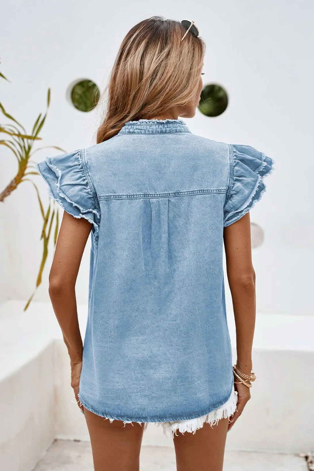 Blue Button Front Ruffle Flutter Fray Denim Blouse