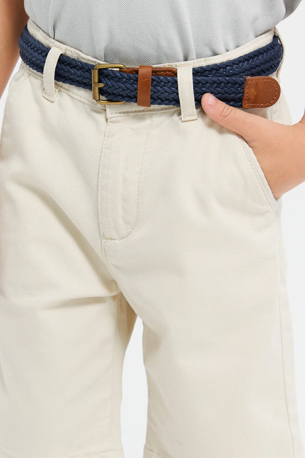 Boys Beige Belted Dobby Shorts