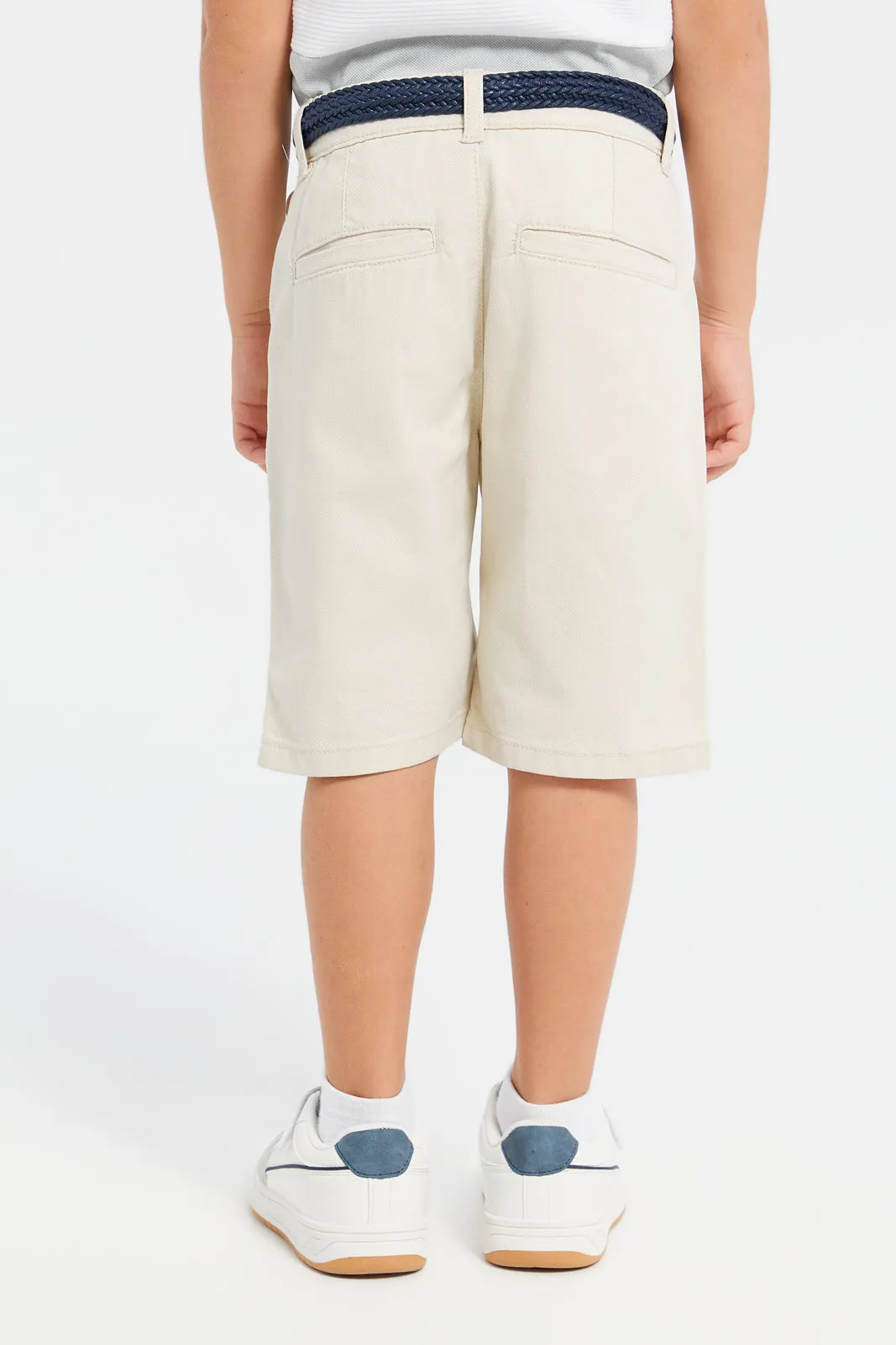 Boys Beige Belted Dobby Shorts