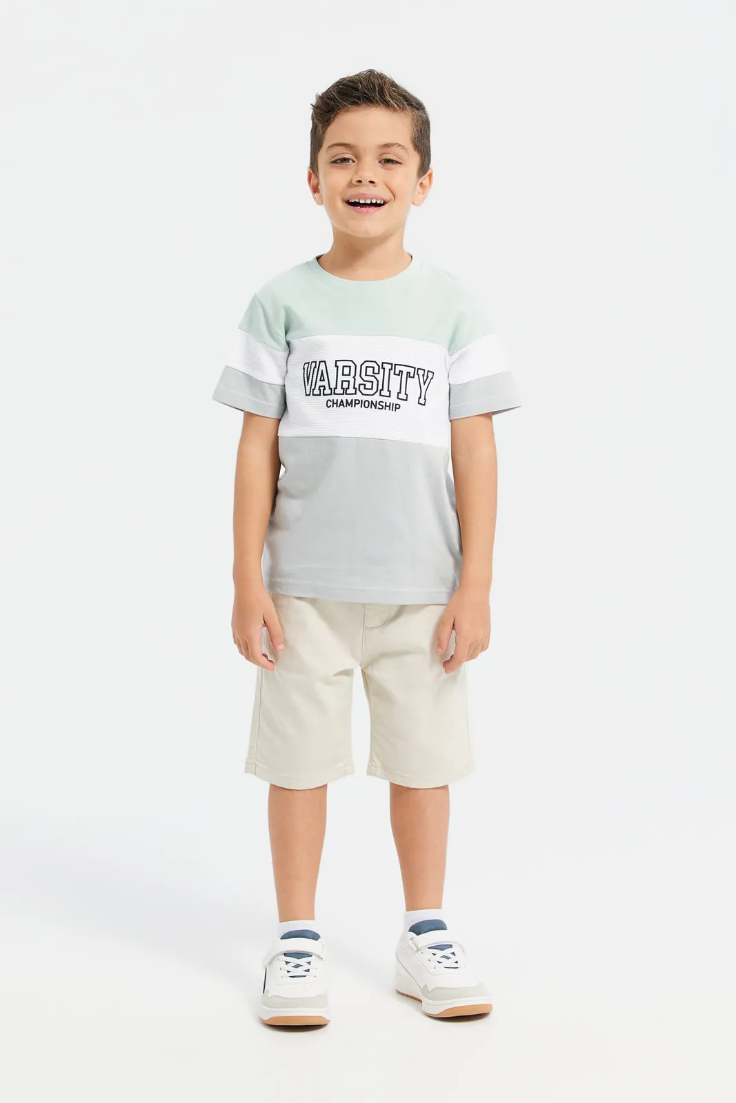 Boys Beige Belted Dobby Shorts