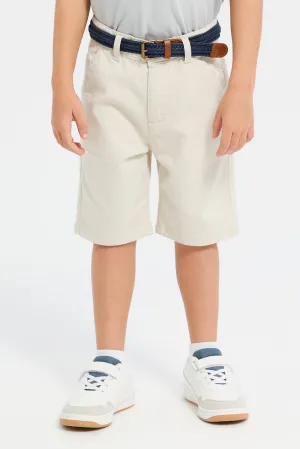 Boys Beige Belted Dobby Shorts