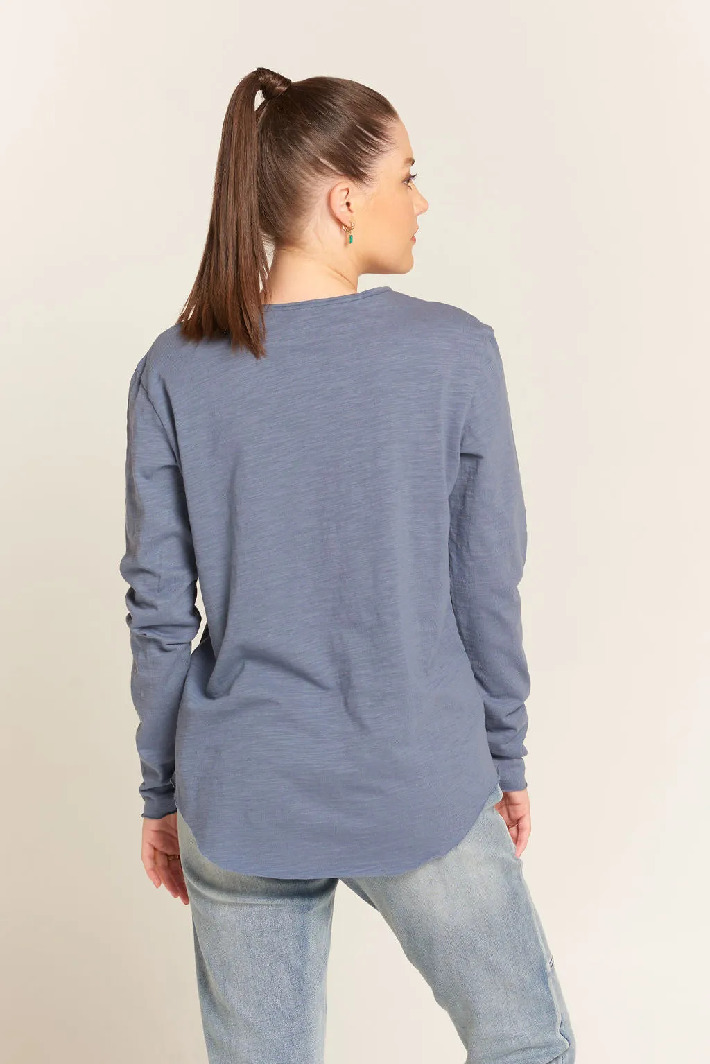 Cotton Long Sleeve Crew Neck Tee Shirt Slate