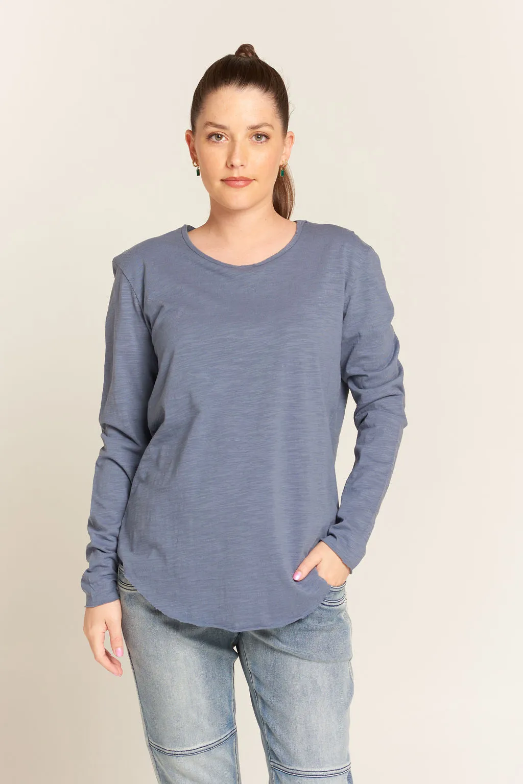 Cotton Long Sleeve Crew Neck Tee Shirt Slate