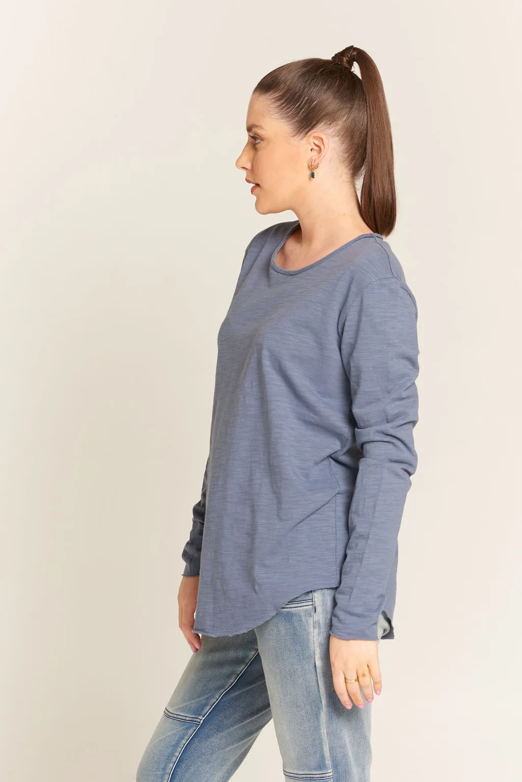 Cotton Long Sleeve Crew Neck Tee Shirt Slate