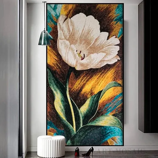 Custom Glass Mosaic Mural Elegant White Tulip