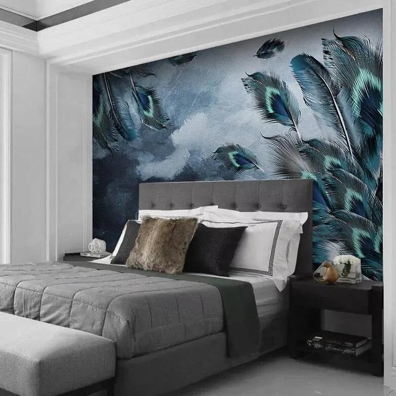 Custom Mural Wallpaper Blue Peacock Feather Art (㎡)