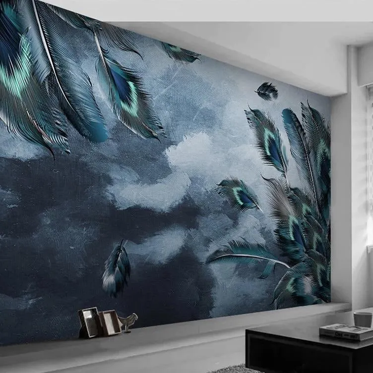 Custom Mural Wallpaper Blue Peacock Feather Art (㎡)