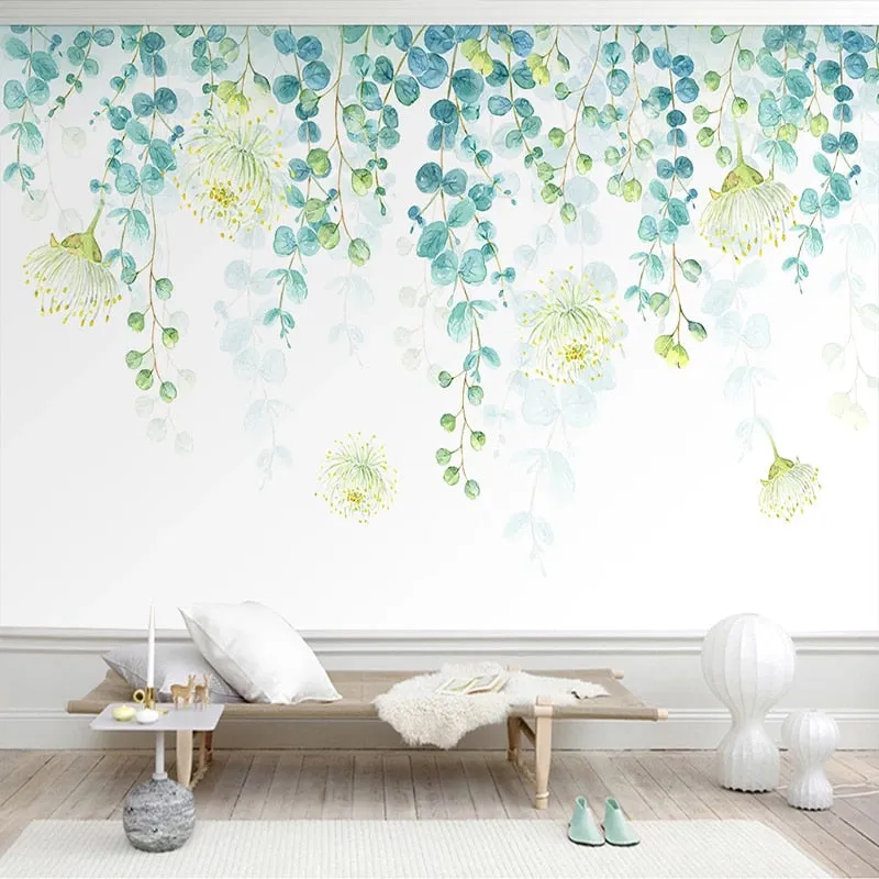 Custom Wallpaper Mural Fresh Green Leaves Flowers (㎡)