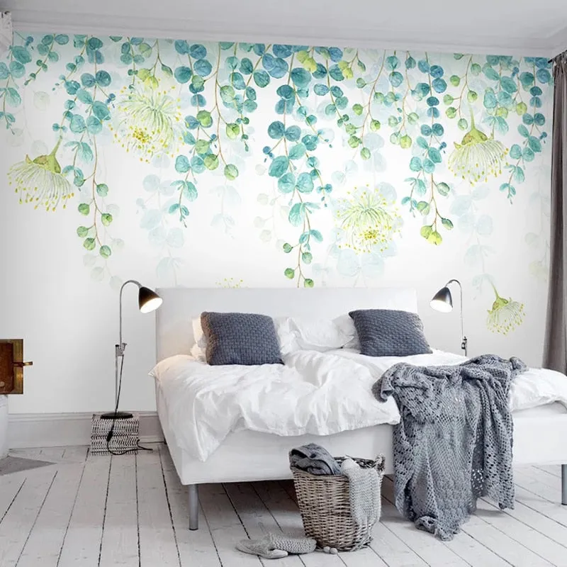 Custom Wallpaper Mural Fresh Green Leaves Flowers (㎡)