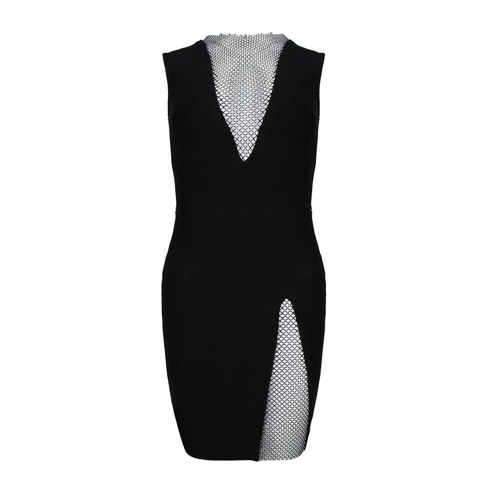 ESMA Round Neck Sleeveless Rhinestone Mini Bandage Dress