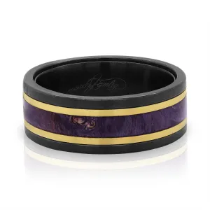 GENTS ZIRCONIUM WEDDING BAND WITH GOLD AND PURPLE BURL WOOD ACCENTS