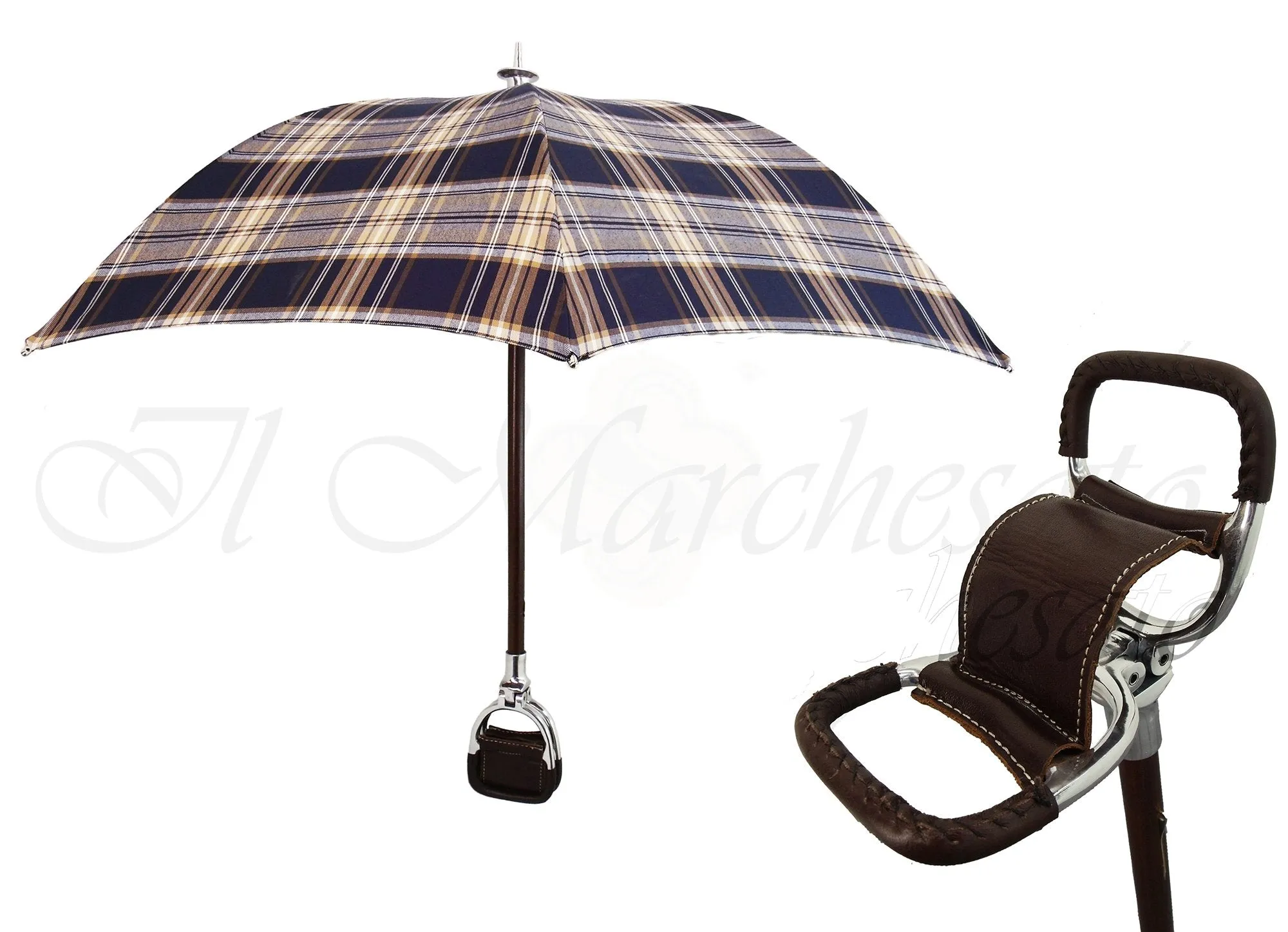 Handcrafted Leather Seat Umbrella- Blue  Beige