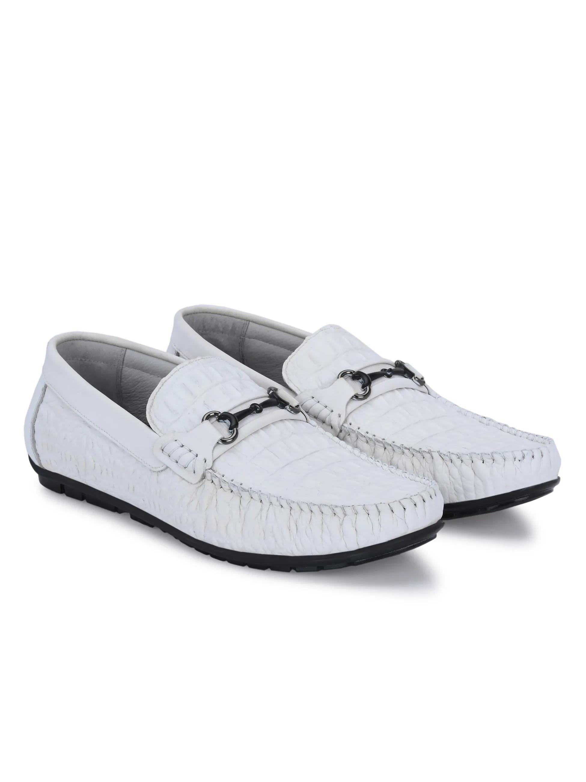 Hitz Men's White Leather Casual Slip on Loafers