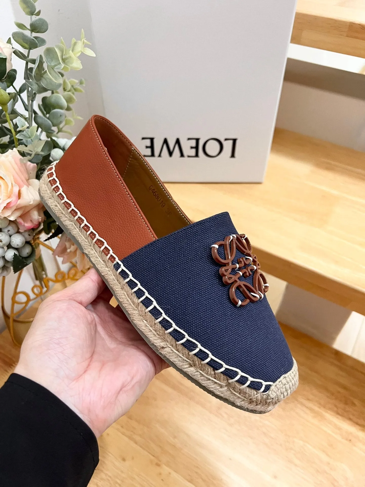 Loew Anagram Espadrille Denim Brown Leather and Canvas