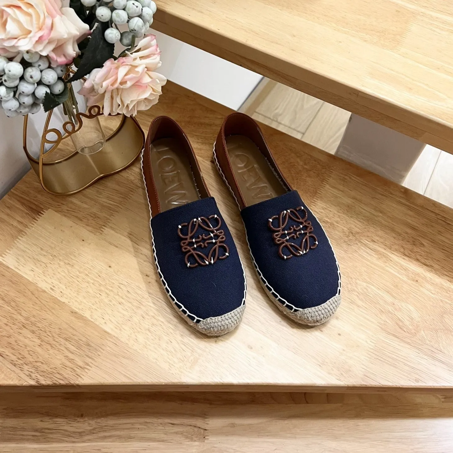 Loew Anagram Espadrille Denim Brown Leather and Canvas