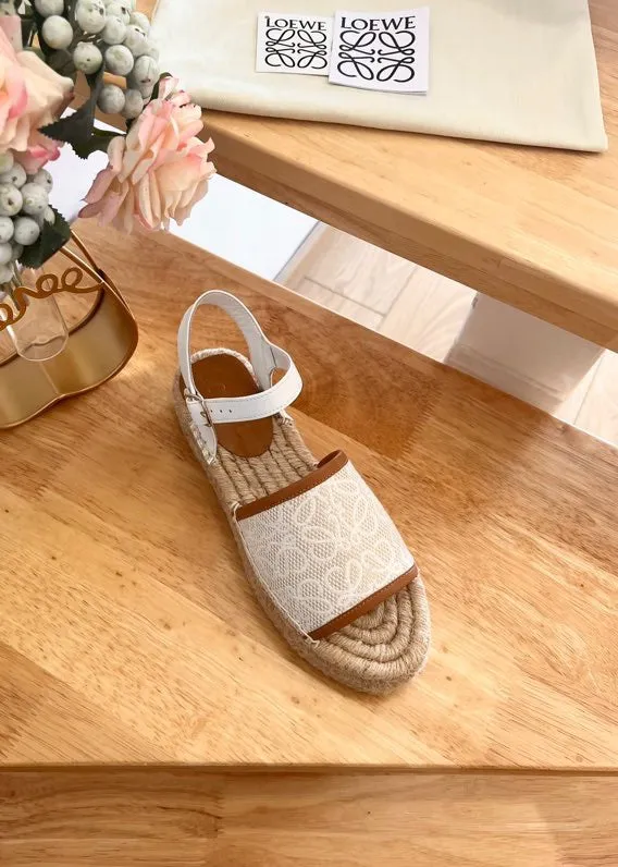 Loew Anagram White Tan Beige Leather And Canvas Espadrille Sandals