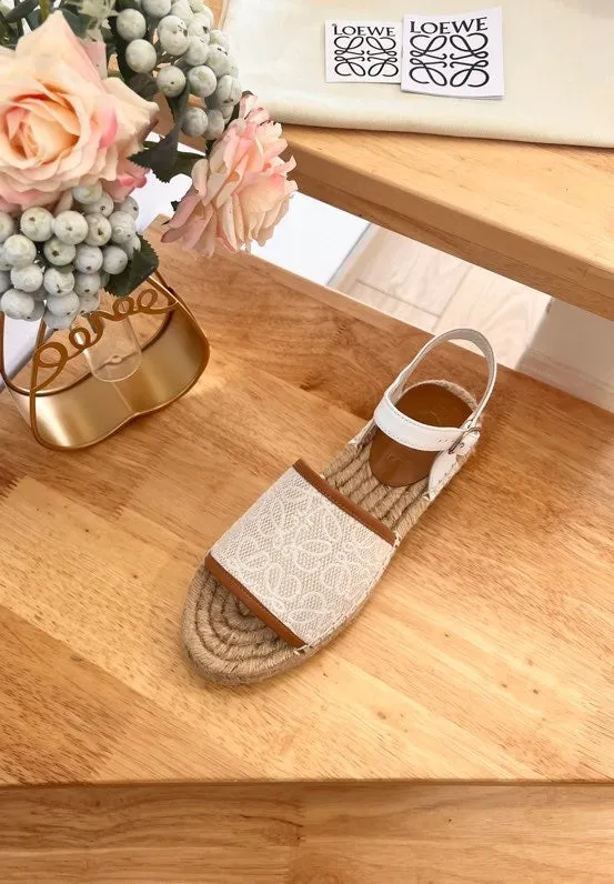 Loew Anagram White Tan Beige Leather And Canvas Espadrille Sandals