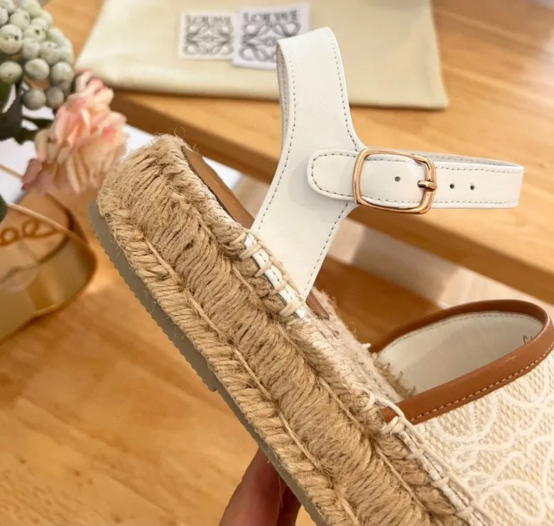 Loew Anagram White Tan Beige Leather And Canvas Espadrille Sandals