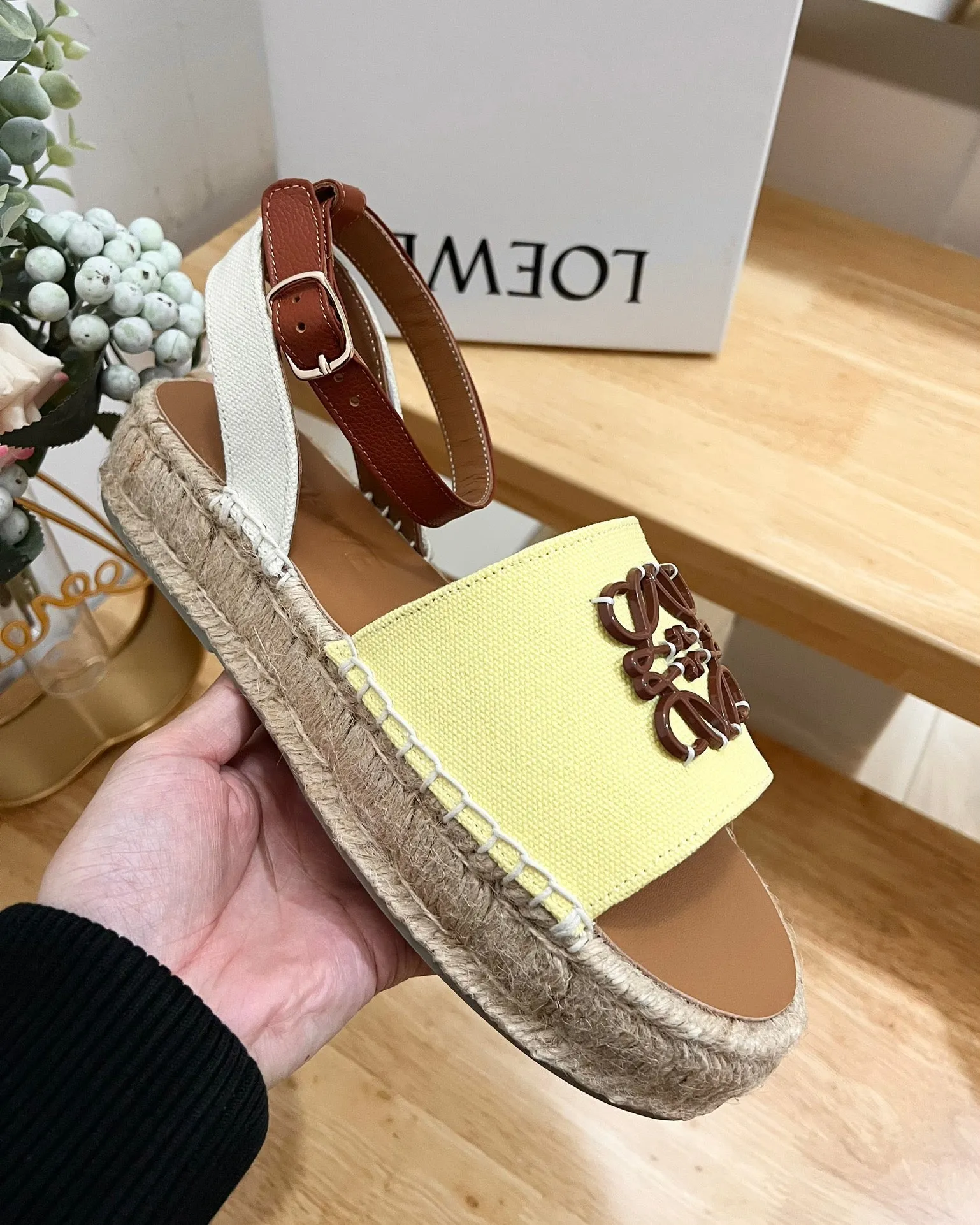 Loew Anagram Yellow Brown Leather And Canvas Espadrille Sandals