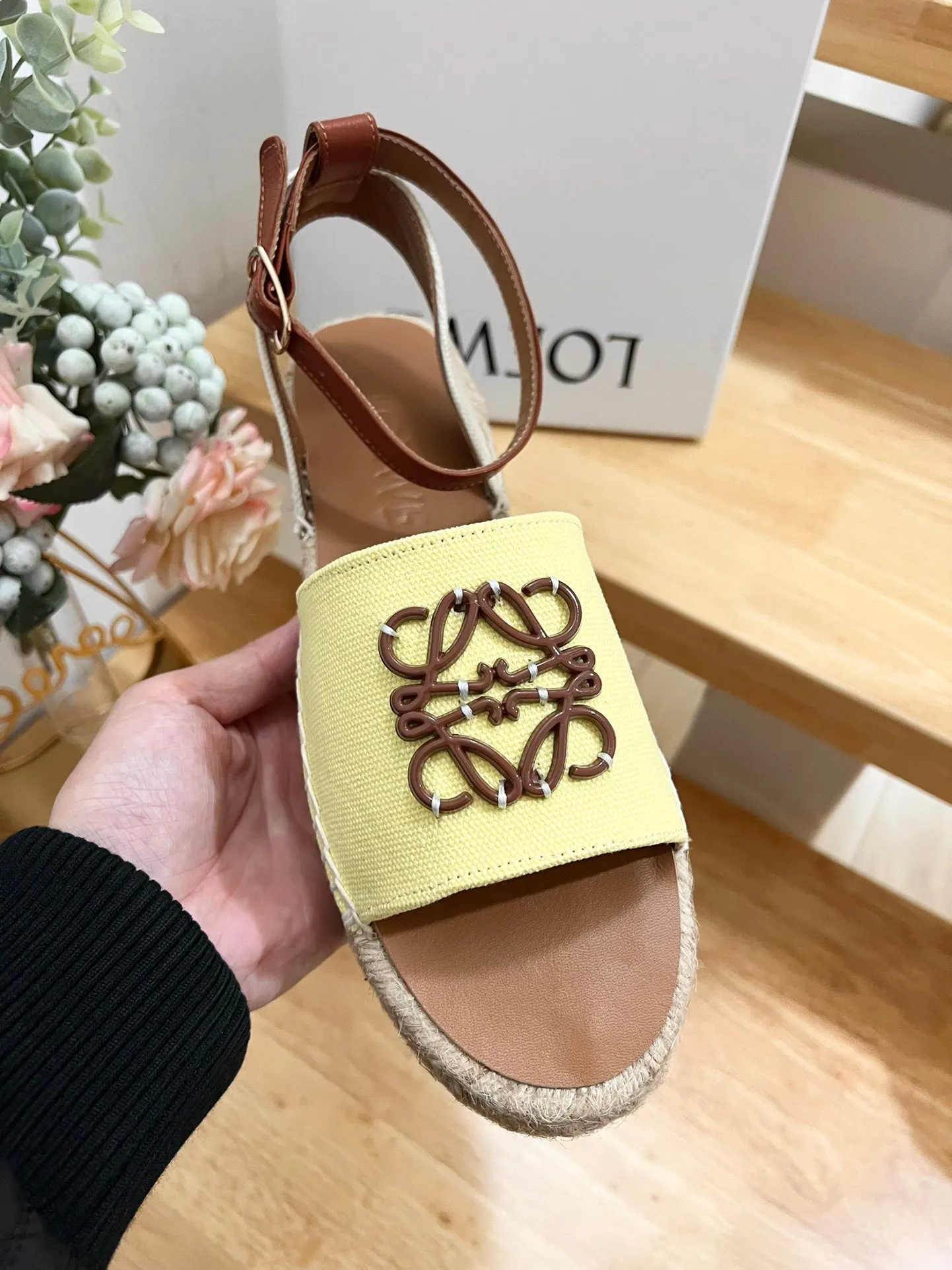 Loew Anagram Yellow Brown Leather And Canvas Espadrille Sandals