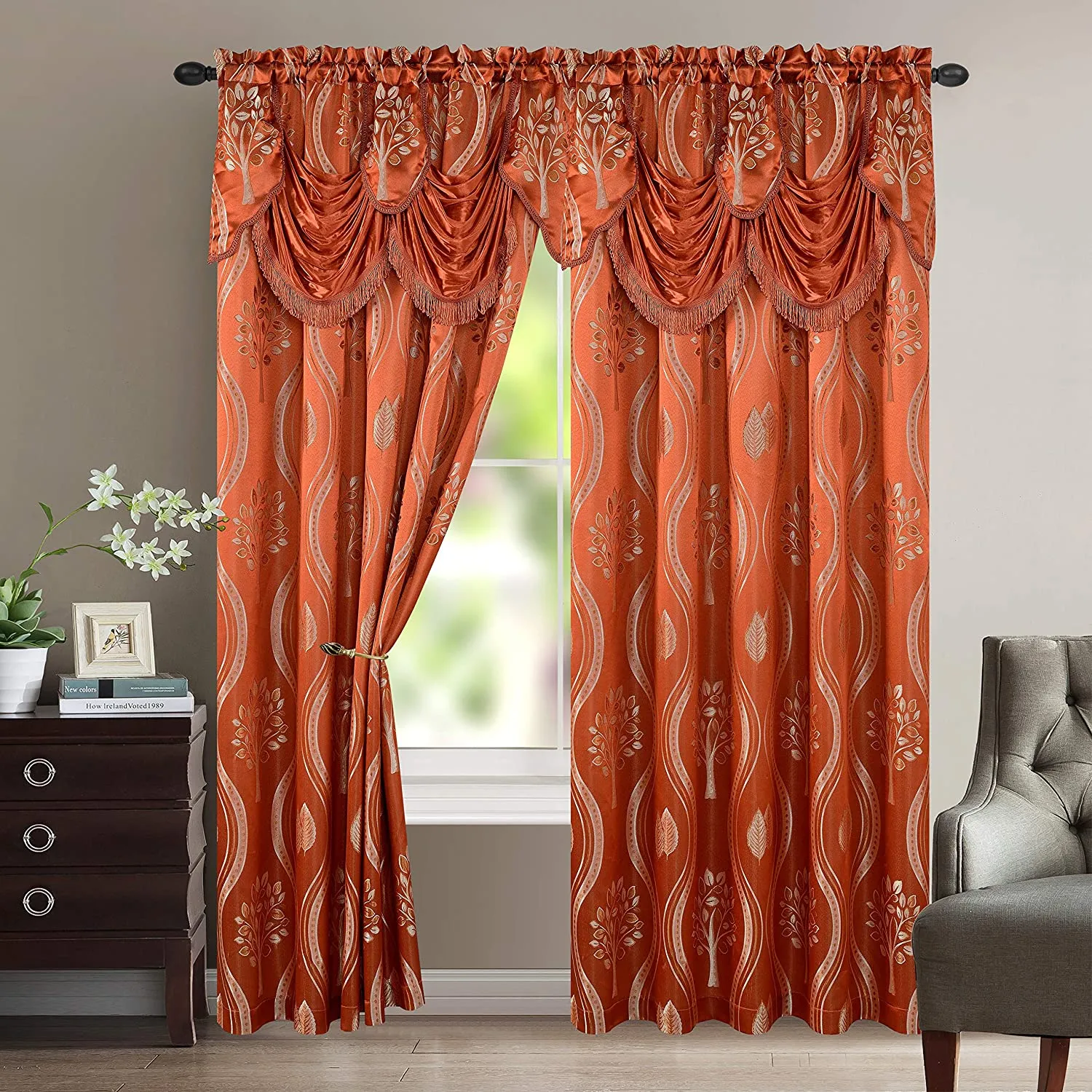 Luxurious Beautiful Curtain Panel Set with Attached Valance and Backing 54" X 84 inch Set of 2