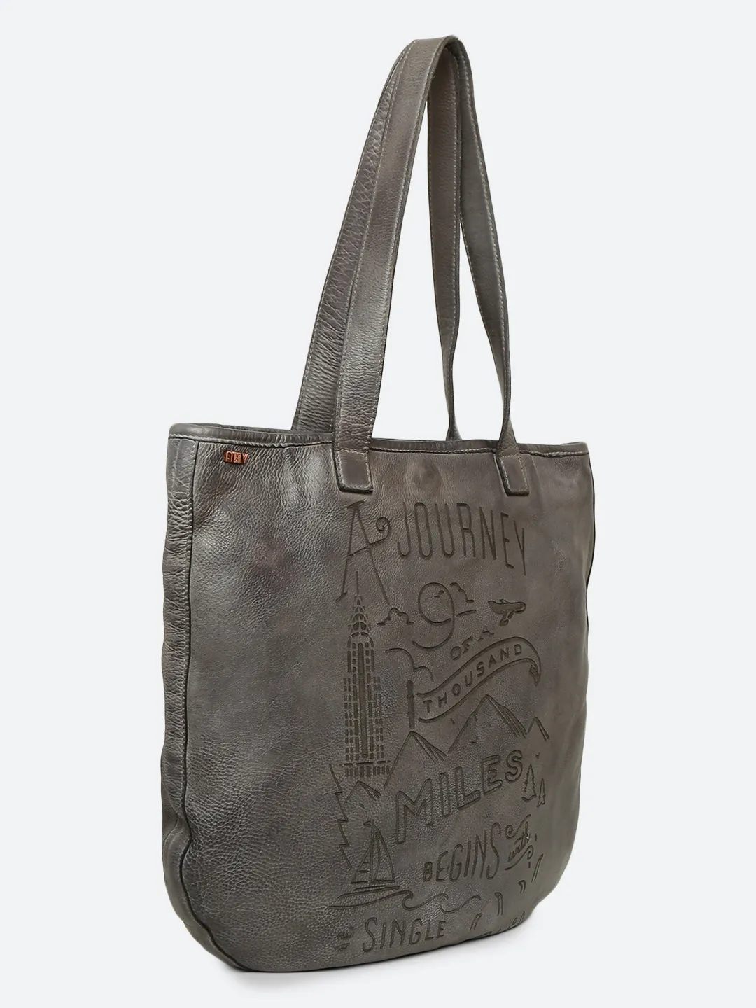 Rhoda: Grey Leather Shopper With Lazer Quote