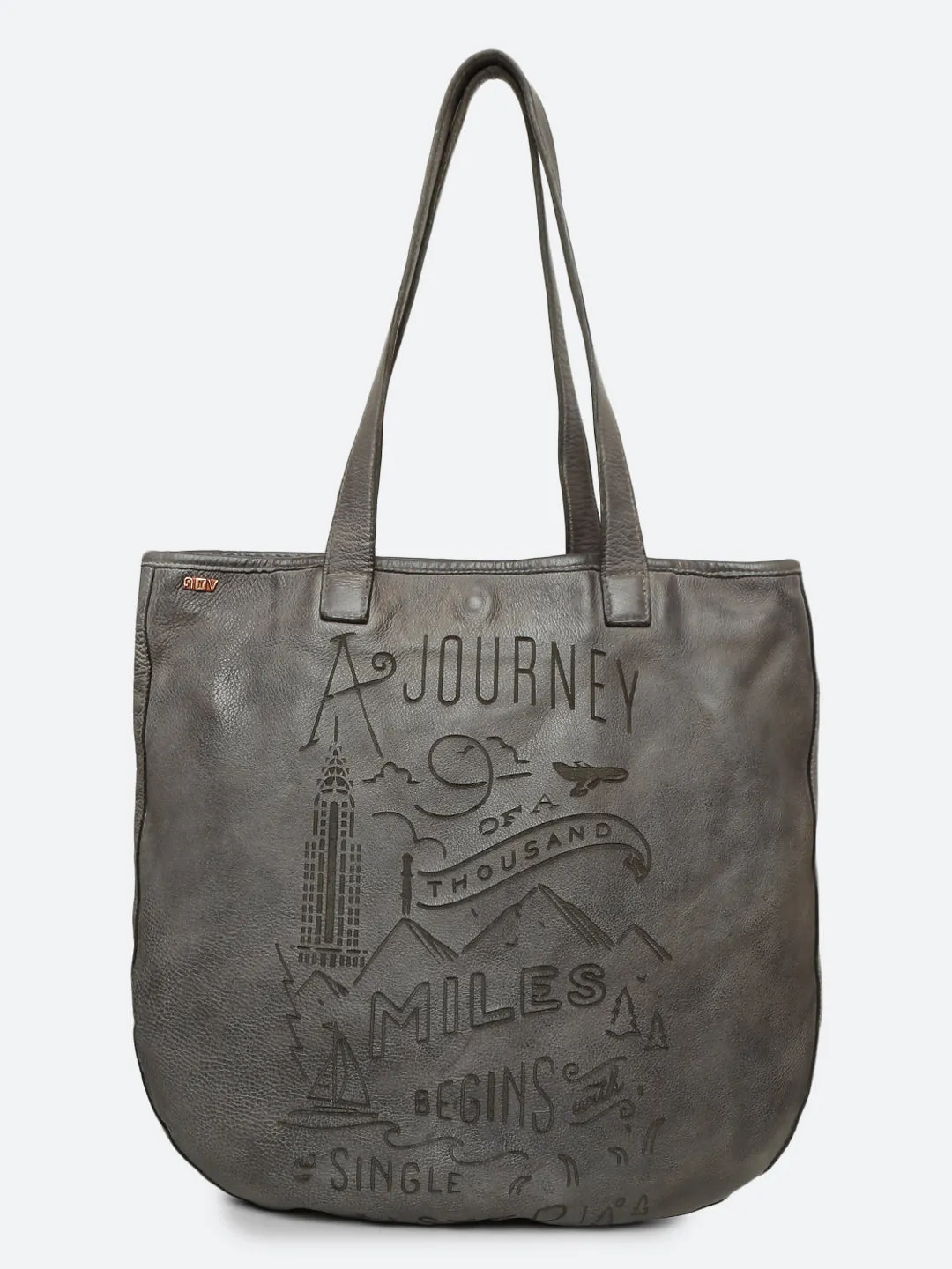 Rhoda: Grey Leather Shopper With Lazer Quote