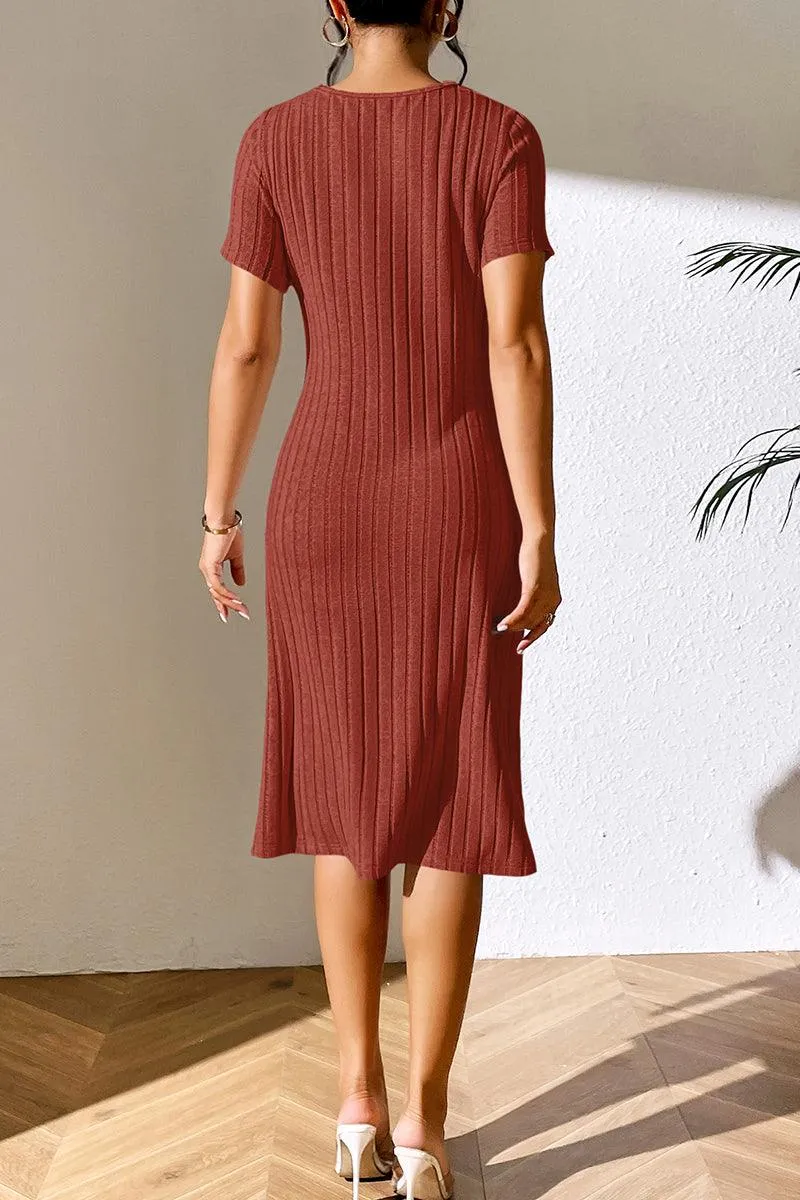 Ribbed Asymmetrical Neck Short Sleeve Dress