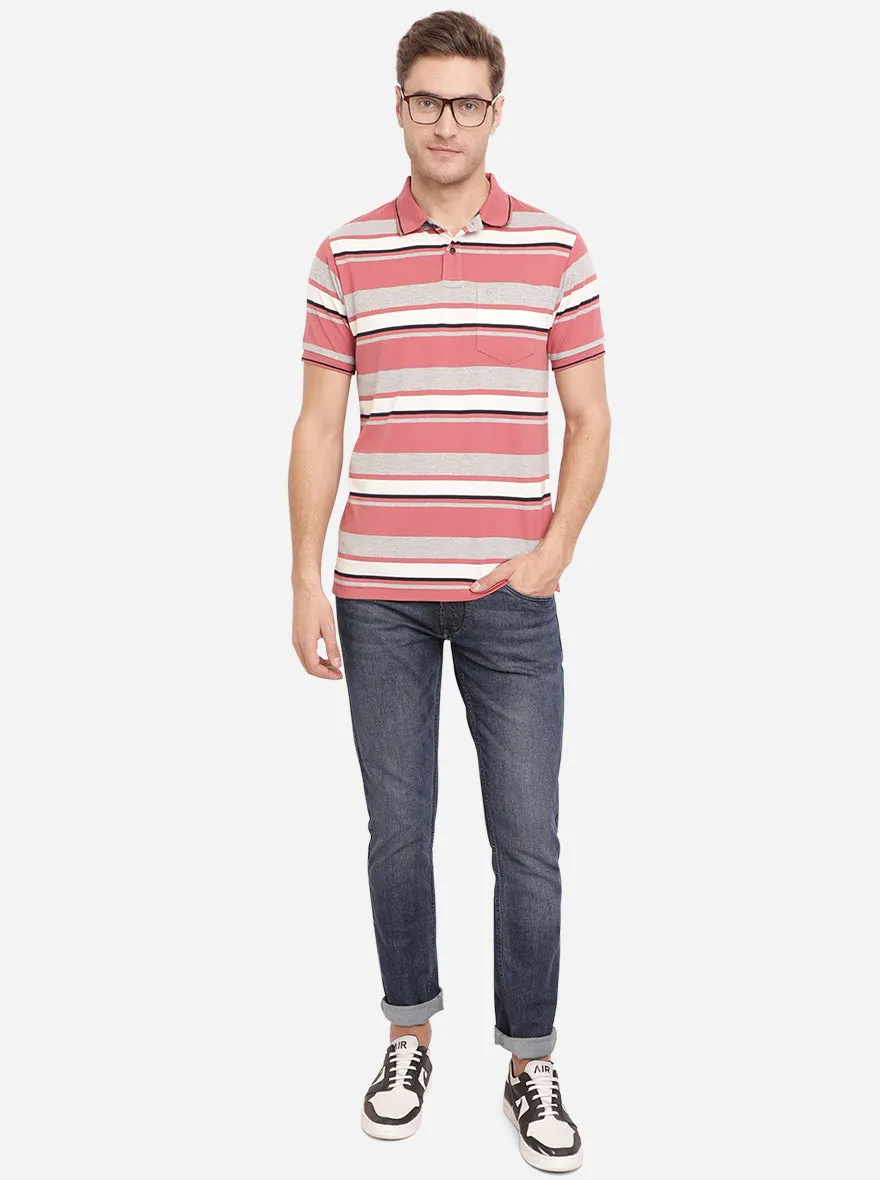 Rose Pink Striped Slim Fit Polo T-Shirt | Greenfibre