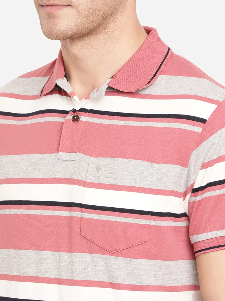 Rose Pink Striped Slim Fit Polo T-Shirt | Greenfibre