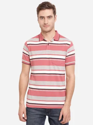 Rose Pink Striped Slim Fit Polo T-Shirt | Greenfibre