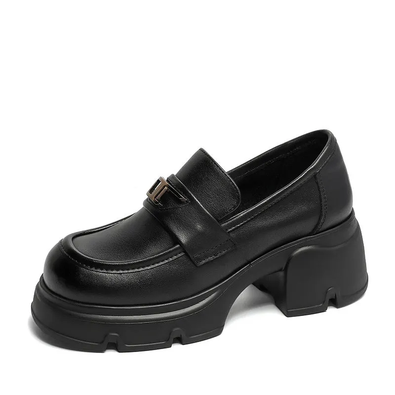 Women Retro Minimalist Leather Chunky Heel Loafers