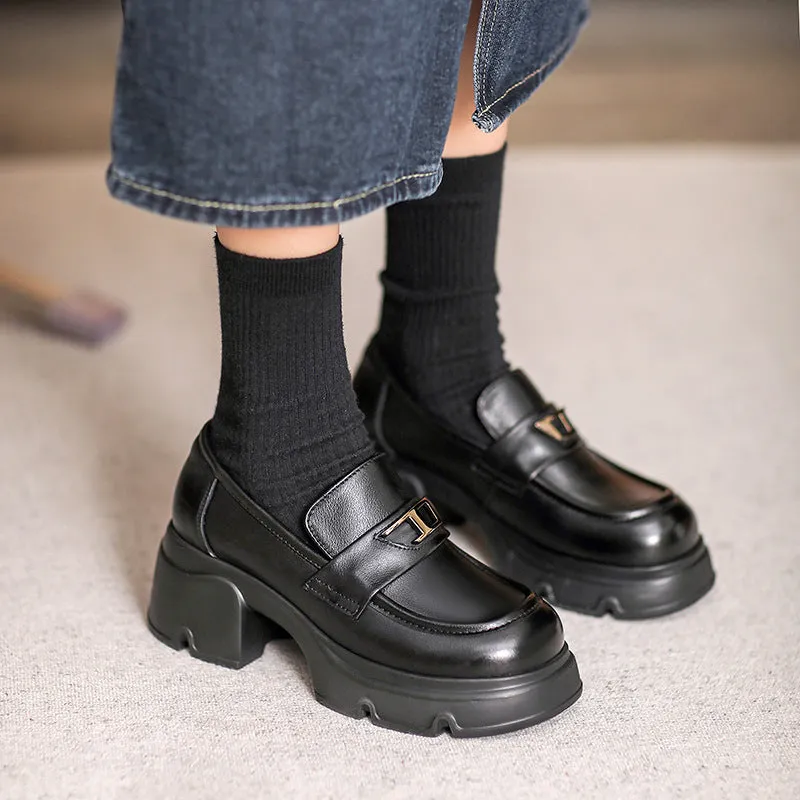 Women Retro Minimalist Leather Chunky Heel Loafers