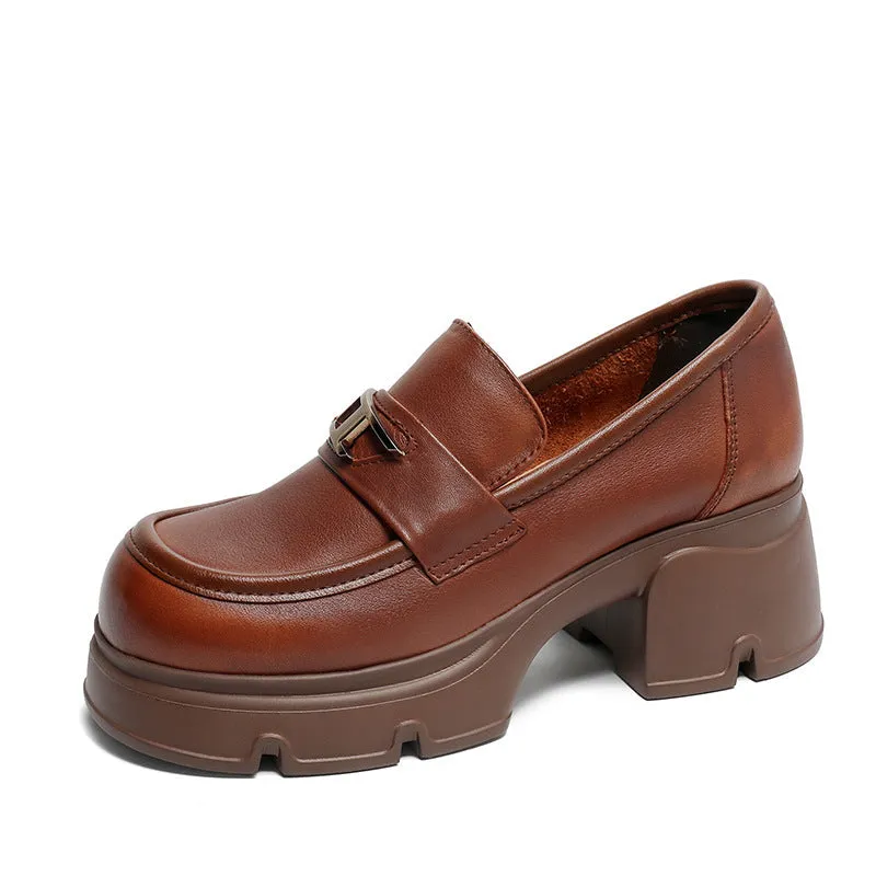 Women Retro Minimalist Leather Chunky Heel Loafers