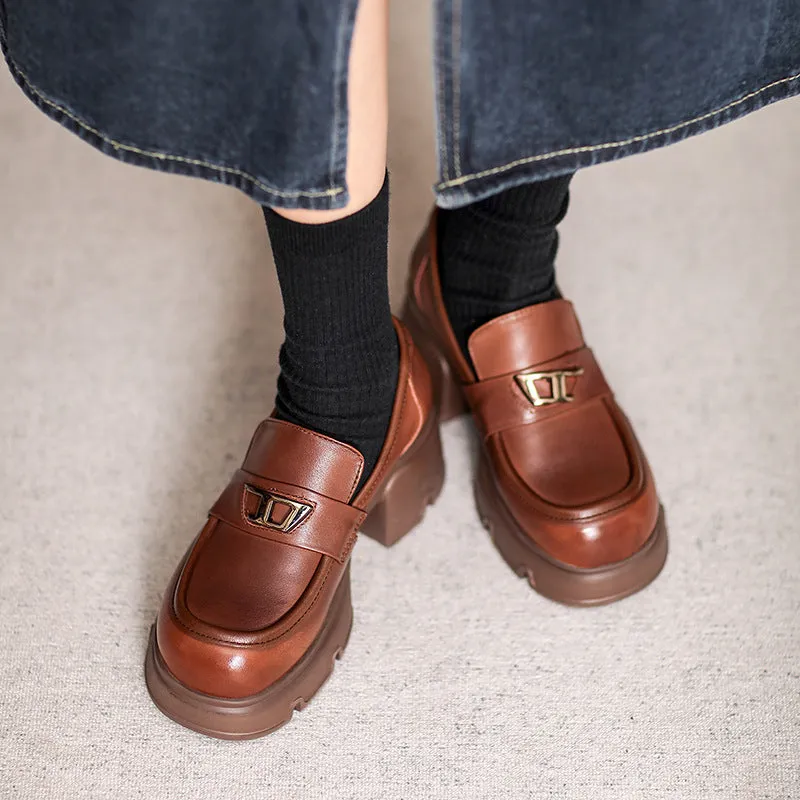 Women Retro Minimalist Leather Chunky Heel Loafers