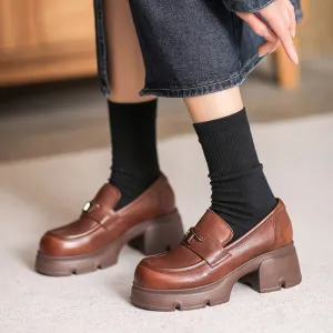 Women Retro Minimalist Leather Chunky Heel Loafers