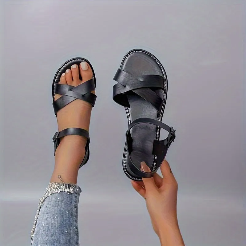 Womens Chic Cross Band Flat Sandals - Breathable Open Toe, Adjustable Ankle Strap - Lightweight Comfort for Casual Summer Wear