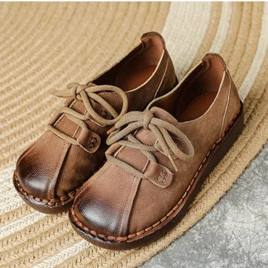 Women's Head Layer Cowhide Leather Soft Sole Casual Lace Up Flat Shoes