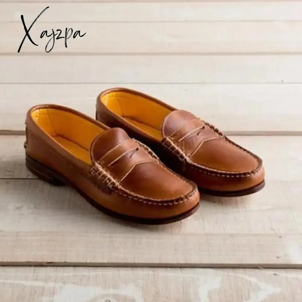 Xajzpa - Women Vintage Slip On Loafers Low Heel Pu Leather Loafers