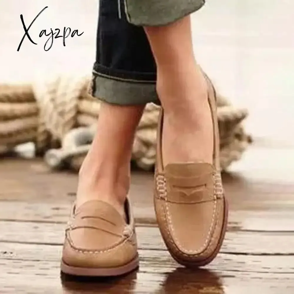 Xajzpa - Women Vintage Slip On Loafers Low Heel Pu Leather Loafers