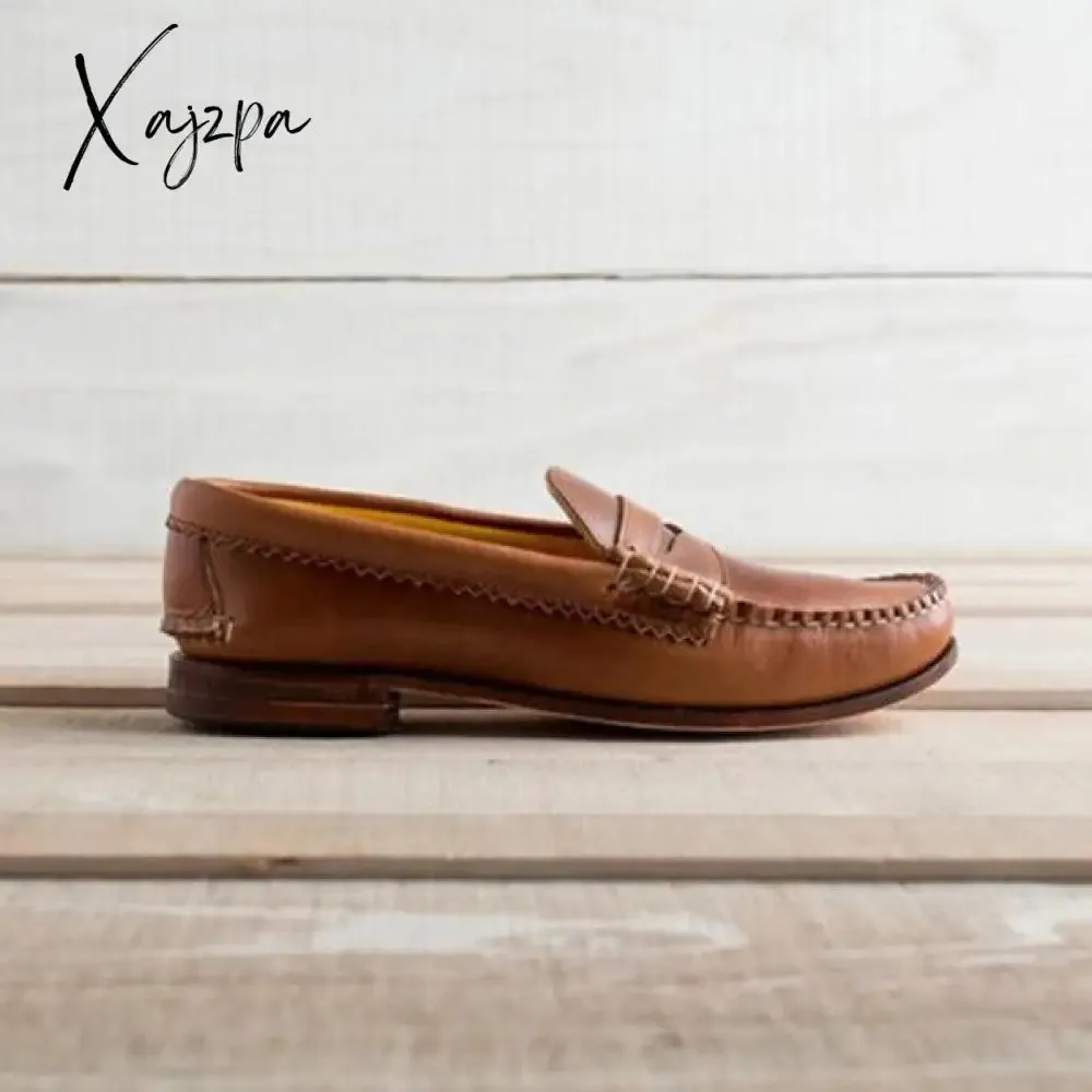 Xajzpa - Women Vintage Slip On Loafers Low Heel Pu Leather Loafers